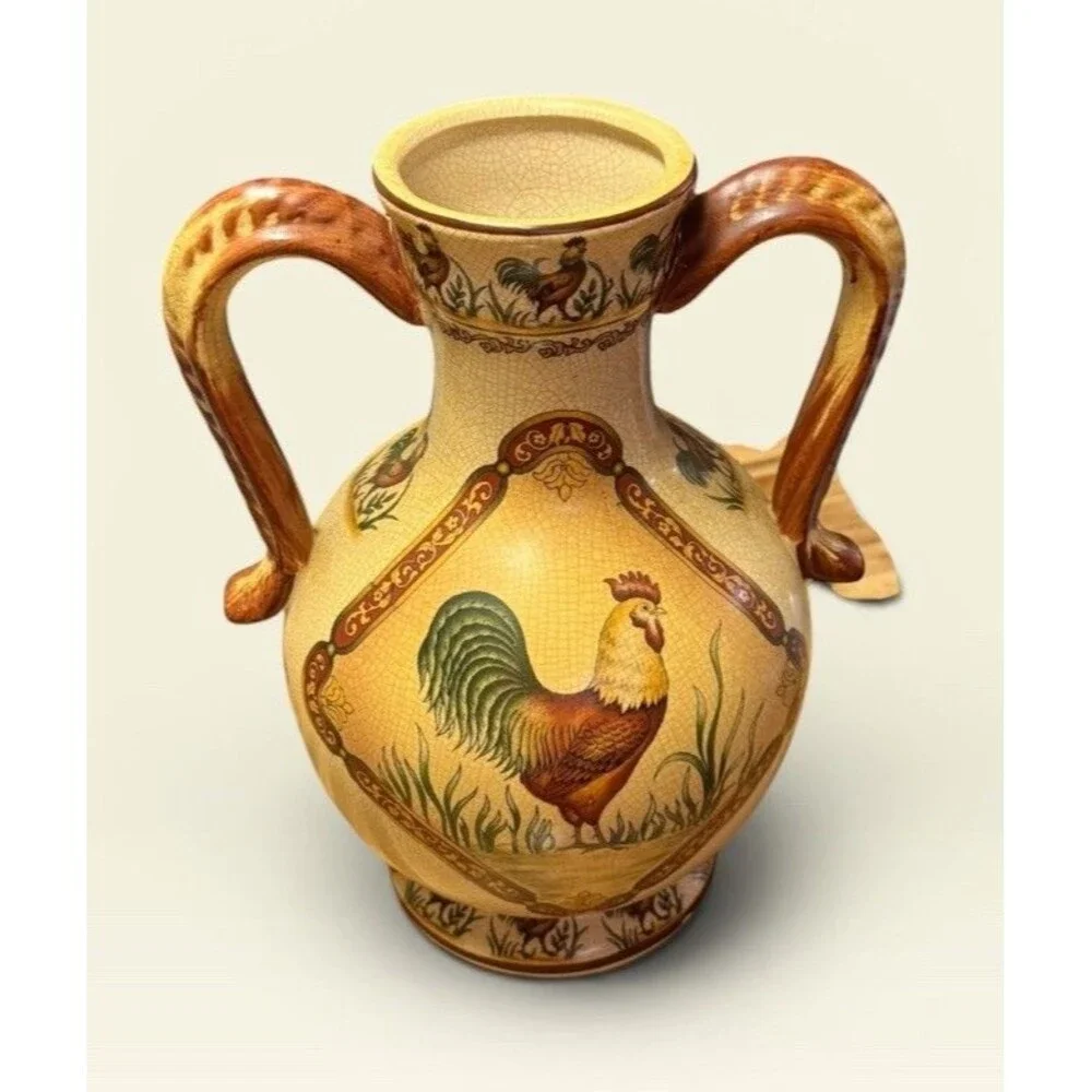 French Country Farmhouse Rooster Amphora Vase 10” Twin Handle Crackle Glaze
